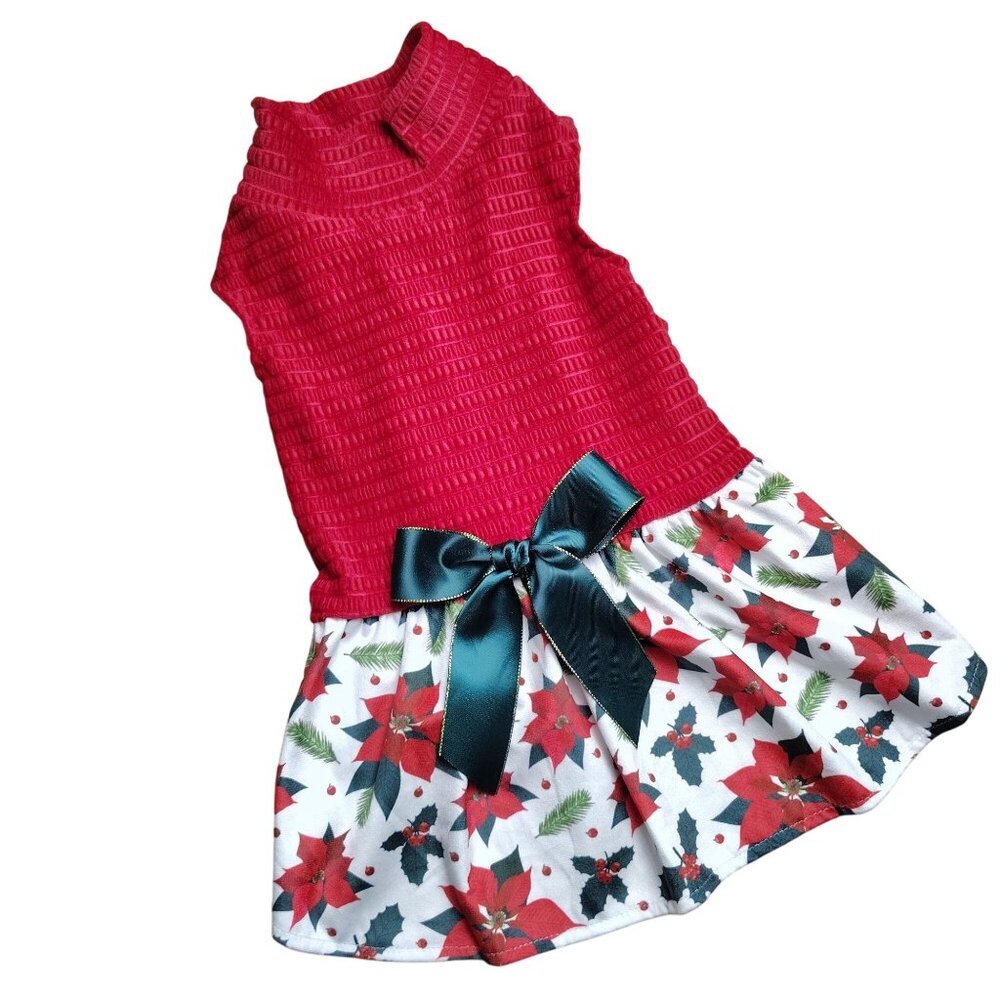Fitwarm Dog Size Large Pet Dress With Holiday Poinsettia Print and Green Bow